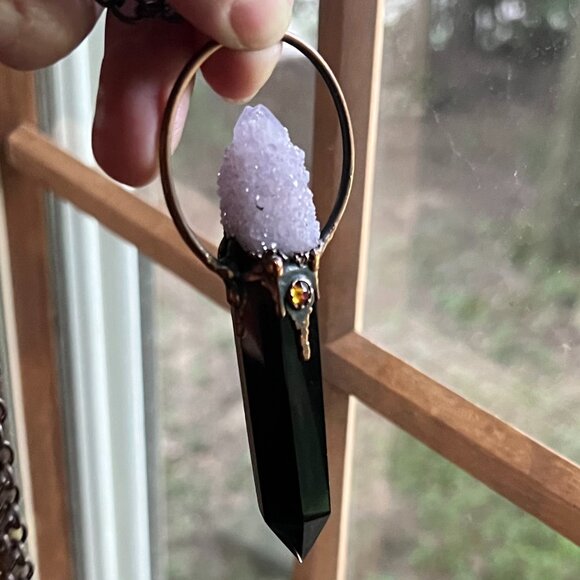Obsidian, Spirit Amethyst Necklace in Electroformed Copper | Evening Star Amulet - Picture 6 of 12